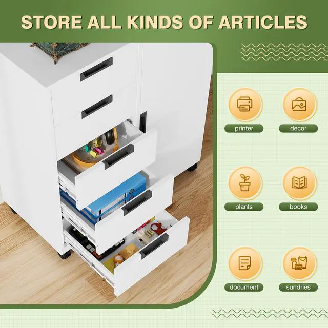 Alt view image 6 of 6 - 5-Drawer Metal Storage Cabinet with Adjustable Shelves and Wheels, Printer Stand with Storage, Craft Organizers and Storage Drawers, Rolling File Cabinets for Home Office(White)