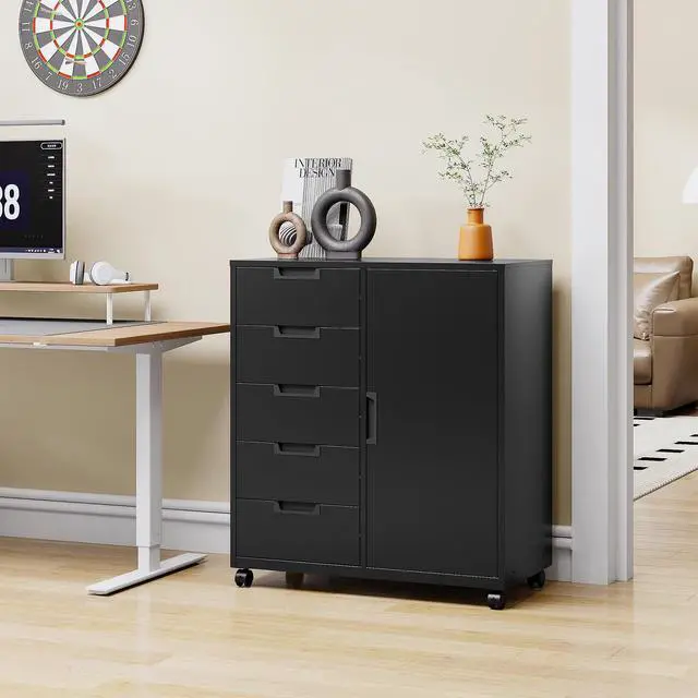 Alt view image 2 of 6 - 5 Drawer Metal Cabinet, Office Storage Cabinet w/Universal Wheels, Printer Stand with Storage Shelves, Rolling File Cabinets for Home Office(Black)