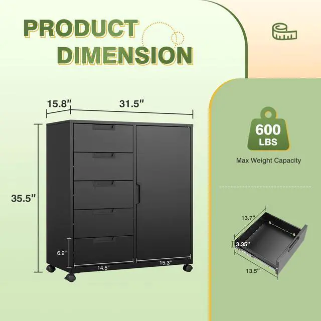 Alt view image 3 of 6 - 5 Drawer Metal Cabinet, Office Storage Cabinet w/Universal Wheels, Printer Stand with Storage Shelves, Rolling File Cabinets for Home Office(Black)