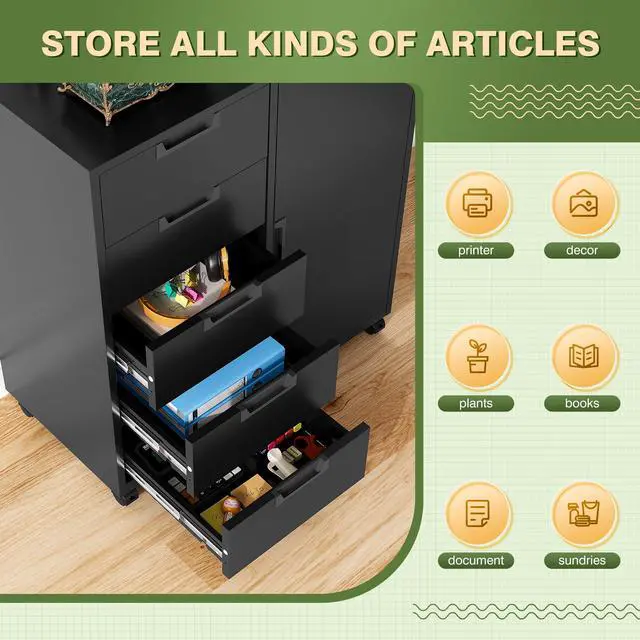 Alt view image 4 of 6 - 5 Drawer Metal Cabinet, Office Storage Cabinet w/Universal Wheels, Printer Stand with Storage Shelves, Rolling File Cabinets for Home Office(Black)