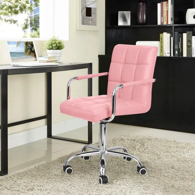 Alt view image 2 of 12 - Modern Office & Vanity Desk Chair - Mid-Back Rolling Chair with Wheels, PU Leather, Cute for Office, Teen & Bedroom Desks (Pink)