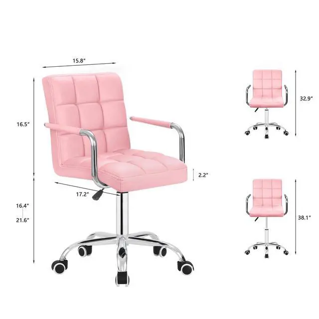 Alt view image 3 of 12 - Modern Office & Vanity Desk Chair - Mid-Back Rolling Chair with Wheels, PU Leather, Cute for Office, Teen & Bedroom Desks (Pink)