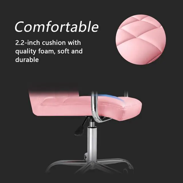 Alt view image 5 of 12 - Modern Office & Vanity Desk Chair - Mid-Back Rolling Chair with Wheels, PU Leather, Cute for Office, Teen & Bedroom Desks (Pink)