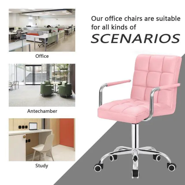 Alt view image 6 of 12 - Modern Office & Vanity Desk Chair - Mid-Back Rolling Chair with Wheels, PU Leather, Cute for Office, Teen & Bedroom Desks (Pink)