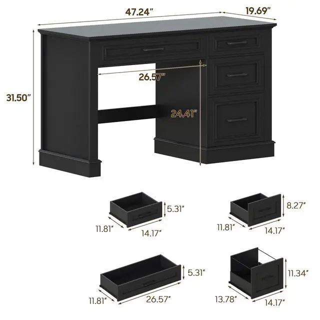 Alt view image 2 of 6 - Farmhouse 47" Executive Desk with File Drawer, Computer Desk with 4 Drawers, Workstation for Study, Home Office, Writing,(Pure Black