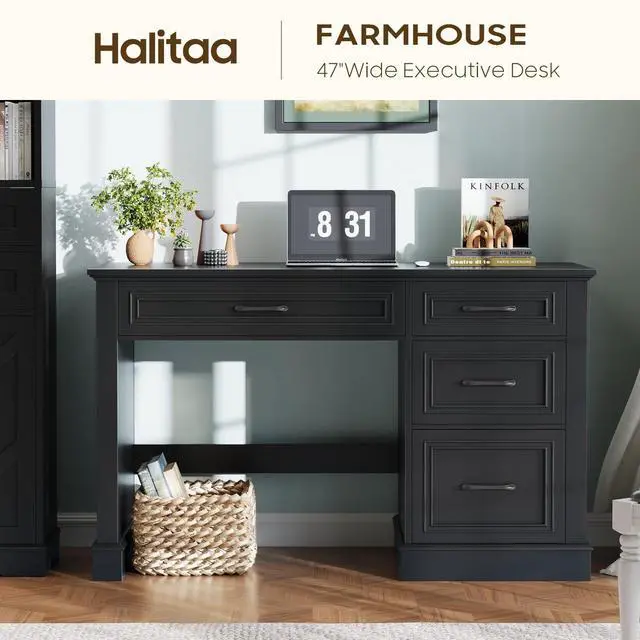 Alt view image 3 of 6 - Farmhouse 47" Executive Desk with File Drawer, Computer Desk with 4 Drawers, Workstation for Study, Home Office, Writing,(Pure Black