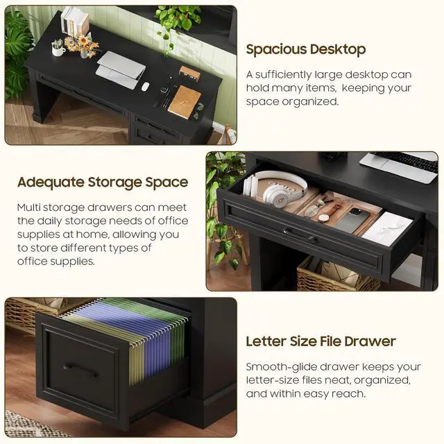 Alt view image 4 of 6 - Farmhouse 47" Executive Desk with File Drawer, Computer Desk with 4 Drawers, Workstation for Study, Home Office, Writing,(Pure Black