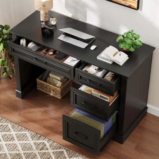 Alt view image 5 of 6 - Farmhouse 47" Executive Desk with File Drawer, Computer Desk with 4 Drawers, Workstation for Study, Home Office, Writing,(Pure Black