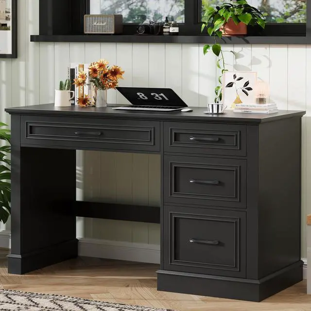 Alt view image 6 of 6 - Farmhouse 47" Executive Desk with File Drawer, Computer Desk with 4 Drawers, Workstation for Study, Home Office, Writing,(Pure Black