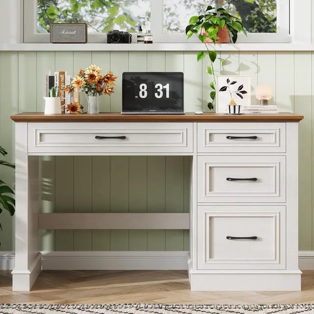 Main image of Farmhouse 47" Executive Desk with File Drawer, Computer Desk with 4 Drawers, Workstation for Writing, Study, Home Office, Unique White