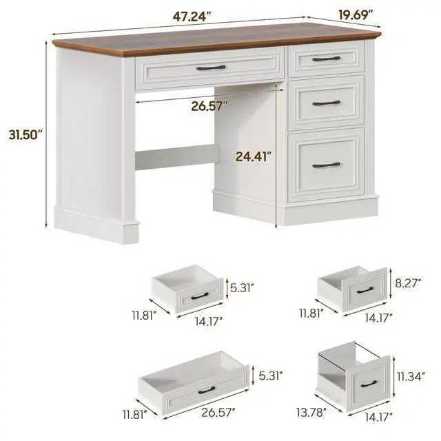 Alt view image 2 of 6 - Farmhouse 47" Executive Desk with File Drawer, Computer Desk with 4 Drawers, Workstation for Writing, Study, Home Office, Unique White
