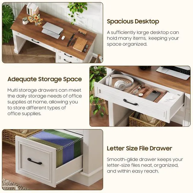Alt view image 4 of 6 - Farmhouse 47" Executive Desk with File Drawer, Computer Desk with 4 Drawers, Workstation for Writing, Study, Home Office, Unique White