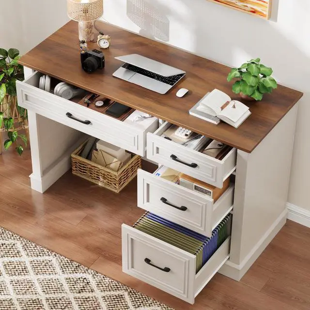 Alt view image 5 of 6 - Farmhouse 47" Executive Desk with File Drawer, Computer Desk with 4 Drawers, Workstation for Writing, Study, Home Office, Unique White