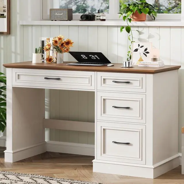 Alt view image 6 of 6 - Farmhouse 47" Executive Desk with File Drawer, Computer Desk with 4 Drawers, Workstation for Writing, Study, Home Office, Unique White