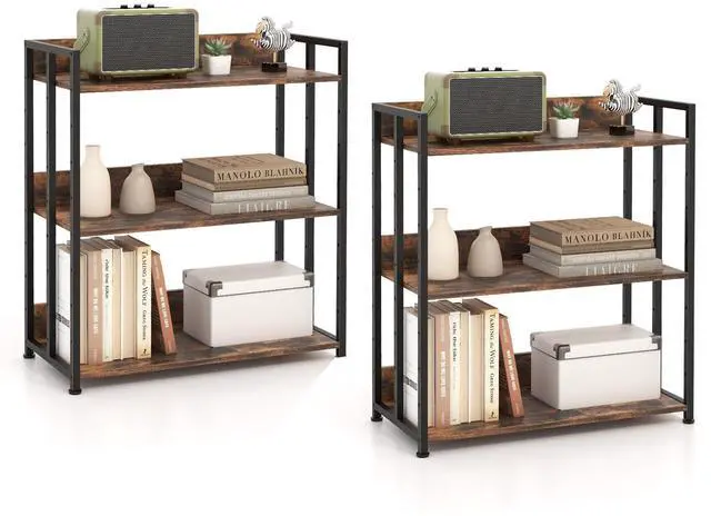 Main image of 3-Tier Industrial Bookshelf Set of 2, Small Bookcase, Rustic Brown | Display Standing Shelf with Adjustable Shelves, Foot Pads, Metal and Wood Storage Rack Organizer for Living Room, Office