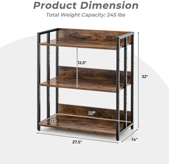 Alt view image 3 of 6 - 3-Tier Industrial Bookshelf Set of 2, Small Bookcase, Rustic Brown | Display Standing Shelf with Adjustable Shelves, Foot Pads, Metal and Wood Storage Rack Organizer for Living Room, Office
