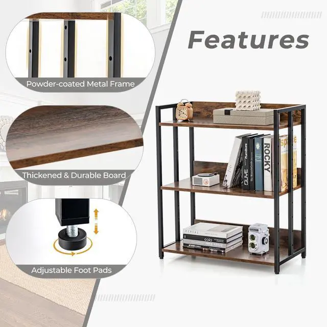 Alt view image 5 of 6 - 3-Tier Industrial Bookshelf Set of 2, Small Bookcase, Rustic Brown | Display Standing Shelf with Adjustable Shelves, Foot Pads, Metal and Wood Storage Rack Organizer for Living Room, Office