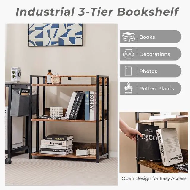 Alt view image 6 of 6 - 3-Tier Industrial Bookshelf Set of 2, Small Bookcase, Rustic Brown | Display Standing Shelf with Adjustable Shelves, Foot Pads, Metal and Wood Storage Rack Organizer for Living Room, Office
