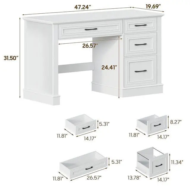 Alt view image 2 of 6 - Farmhouse 47" Executive Desk with File Drawer, Computer Desk with 4 Drawers, Workstation for Writing, Study, Home Office, Cream White