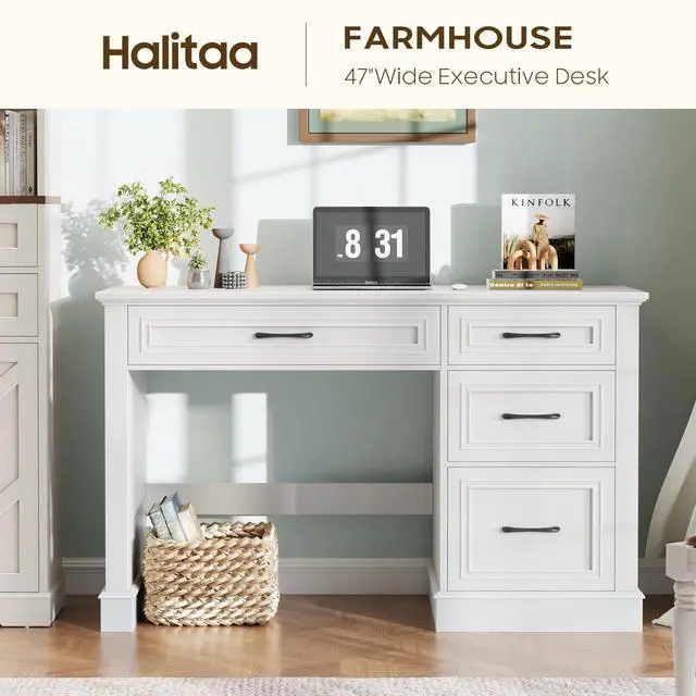 Alt view image 3 of 6 - Farmhouse 47" Executive Desk with File Drawer, Computer Desk with 4 Drawers, Workstation for Writing, Study, Home Office, Cream White