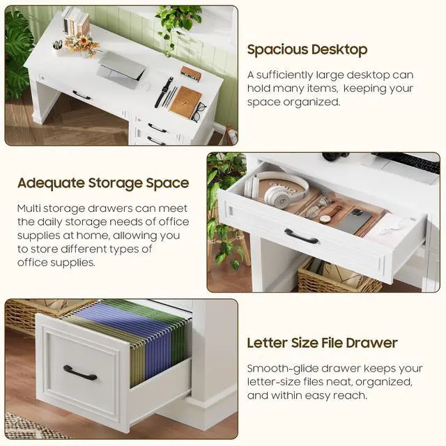 Alt view image 4 of 6 - Farmhouse 47" Executive Desk with File Drawer, Computer Desk with 4 Drawers, Workstation for Writing, Study, Home Office, Cream White