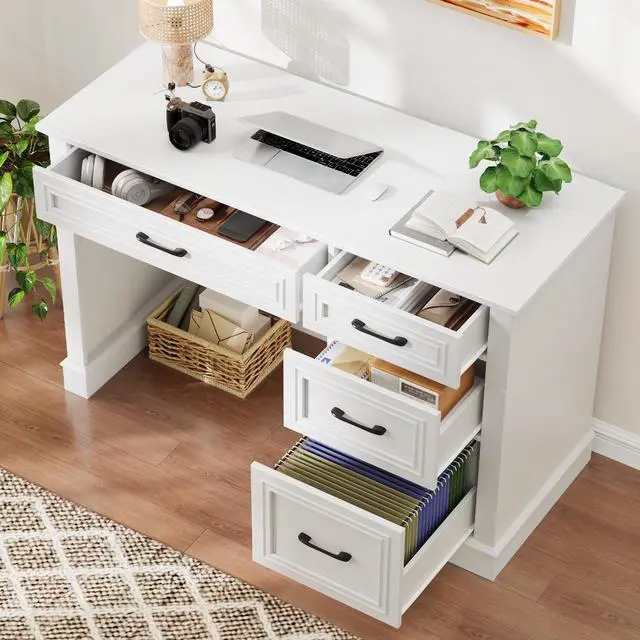 Alt view image 5 of 6 - Farmhouse 47" Executive Desk with File Drawer, Computer Desk with 4 Drawers, Workstation for Writing, Study, Home Office, Cream White