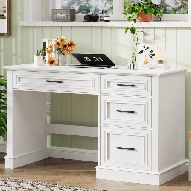 Alt view image 6 of 6 - Farmhouse 47" Executive Desk with File Drawer, Computer Desk with 4 Drawers, Workstation for Writing, Study, Home Office, Cream White