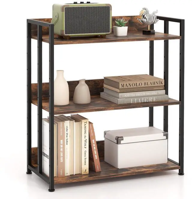 Main image of 3-Tier Bookshelf, Industrial 32" Tall Small Book Shelf with Adjustable Shelves, Adjustable Foot Pads, Anti-Toppling Device, DIY Wooden Floor Open Display Shelving, Bookcase Shelf Rack | Display Standi
