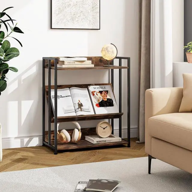 Alt view image 2 of 6 - 3-Tier Bookshelf, Industrial 32" Tall Small Book Shelf with Adjustable Shelves, Adjustable Foot Pads, Anti-Toppling Device, DIY Wooden Floor Open Display Shelving, Bookcase Shelf Rack | Display Standi