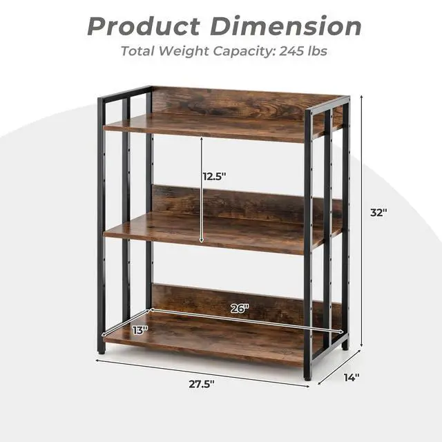Alt view image 3 of 6 - 3-Tier Bookshelf, Industrial 32" Tall Small Book Shelf with Adjustable Shelves, Adjustable Foot Pads, Anti-Toppling Device, DIY Wooden Floor Open Display Shelving, Bookcase Shelf Rack | Display Standi