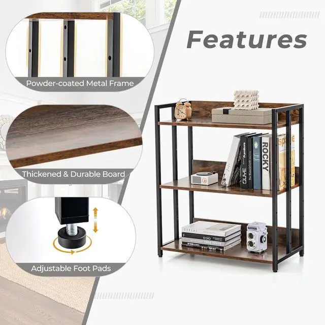 Alt view image 6 of 6 - 3-Tier Bookshelf, Industrial 32" Tall Small Book Shelf with Adjustable Shelves, Adjustable Foot Pads, Anti-Toppling Device, DIY Wooden Floor Open Display Shelving, Bookcase Shelf Rack | Display Standi