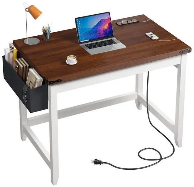 Main image of 32 Inch Small Writing Desk with Power Outlet and Storage Bag, Student Desk for Bedroom and Dorm Room, Home School Desk for Teens, Brown & White