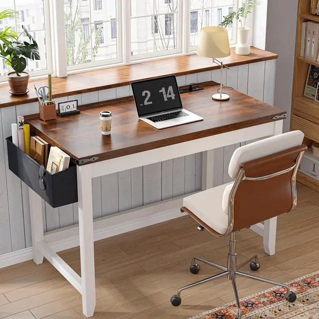 Alt view image 2 of 6 - 32 Inch Small Writing Desk with Power Outlet and Storage Bag, Student Desk for Bedroom and Dorm Room, Home School Desk for Teens, Brown & White