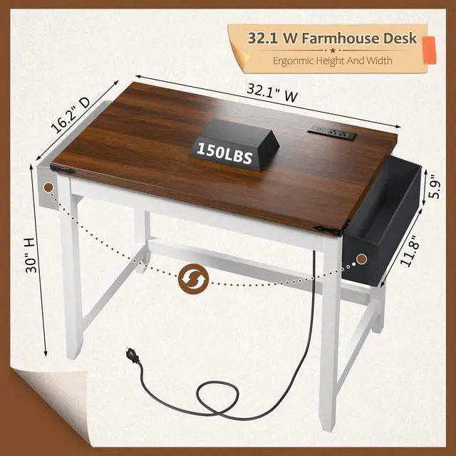 Alt view image 3 of 6 - 32 Inch Small Writing Desk with Power Outlet and Storage Bag, Student Desk for Bedroom and Dorm Room, Home School Desk for Teens, Brown & White