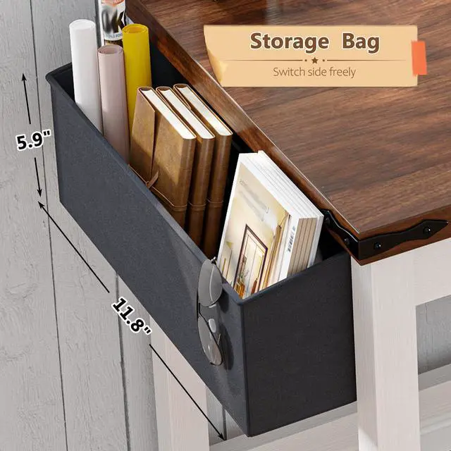 Alt view image 5 of 6 - 32 Inch Small Writing Desk with Power Outlet and Storage Bag, Student Desk for Bedroom and Dorm Room, Home School Desk for Teens, Brown & White