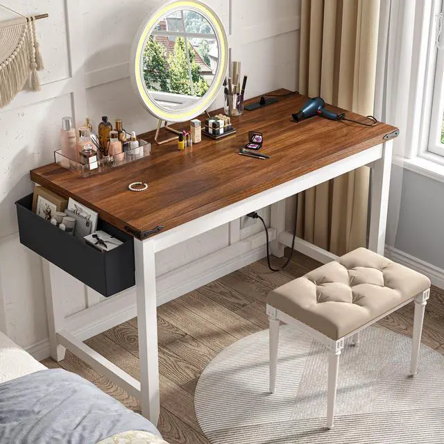 Alt view image 6 of 6 - 32 Inch Small Writing Desk with Power Outlet and Storage Bag, Student Desk for Bedroom and Dorm Room, Home School Desk for Teens, Brown & White