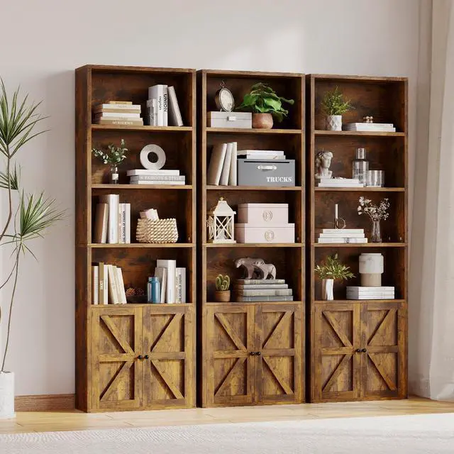 Alt view image 4 of 12 - 6-Tier Bookshelf and Bookcase Set of 2, Wooden Bookshelves with Cabinet Doors, Floor Bookshelves and Office Storage Cabinets for Home Office, Living Room (Brown 2 Pack, 6-Tier)