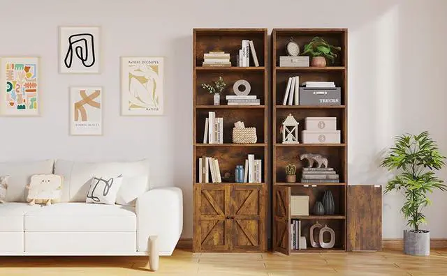 Alt view image 5 of 12 - 6-Tier Bookshelf and Bookcase Set of 2, Wooden Bookshelves with Cabinet Doors, Floor Bookshelves and Office Storage Cabinets for Home Office, Living Room (Brown 2 Pack, 6-Tier)