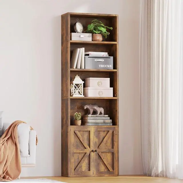 Main image of Bookshelf Bookcase with Doors, 6 Tier 71" Tall Wooden Storage Shelves Organizer, Floor Standing Display Cabinet Shelves, Home Decor Furniture for Home Office, Living Room, Bedroom, Brown