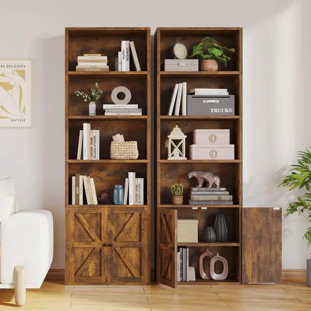 Alt view image 3 of 6 - Bookshelf Bookcase with Doors, 6 Tier 71" Tall Wooden Storage Shelves Organizer, Floor Standing Display Cabinet Shelves, Home Decor Furniture for Home Office, Living Room, Bedroom, Brown