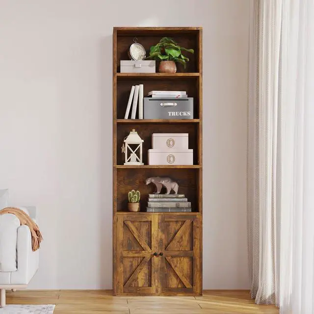 Alt view image 6 of 6 - Bookshelf Bookcase with Doors, 6 Tier 71" Tall Wooden Storage Shelves Organizer, Floor Standing Display Cabinet Shelves, Home Decor Furniture for Home Office, Living Room, Bedroom, Brown
