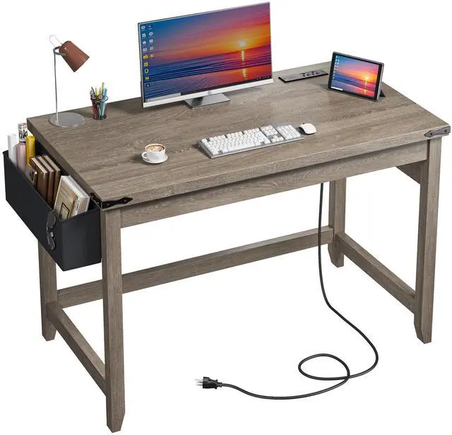 Main image of 40 Inch Small Desk with Storage Bag Detachable,Study Desk with Power Outlet, Modern Simple Home Vanity Desk and Writing Desk for Small Spaces, Bedroom,Ash Gray