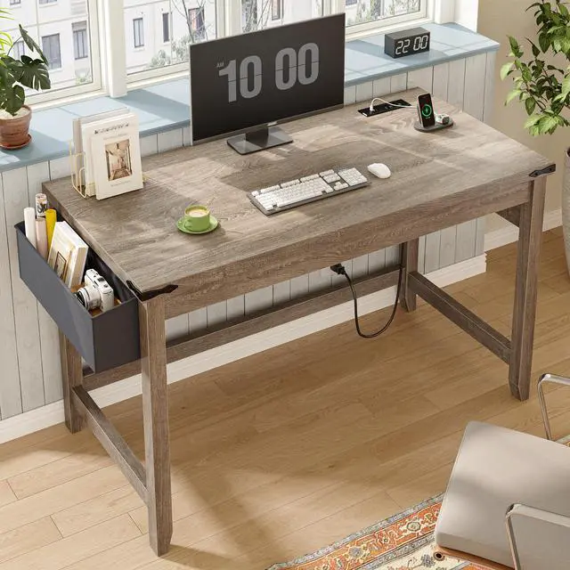 Alt view image 2 of 6 - 40 Inch Small Desk with Storage Bag Detachable,Study Desk with Power Outlet, Modern Simple Home Vanity Desk and Writing Desk for Small Spaces, Bedroom,Ash Gray