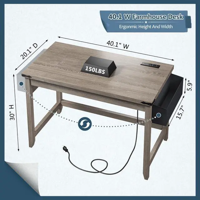Alt view image 3 of 6 - 40 Inch Small Desk with Storage Bag Detachable,Study Desk with Power Outlet, Modern Simple Home Vanity Desk and Writing Desk for Small Spaces, Bedroom,Ash Gray