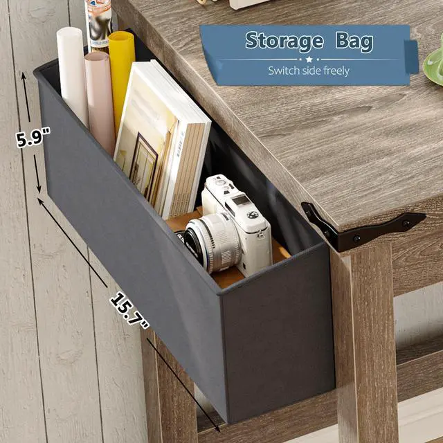 Alt view image 5 of 6 - 40 Inch Small Desk with Storage Bag Detachable,Study Desk with Power Outlet, Modern Simple Home Vanity Desk and Writing Desk for Small Spaces, Bedroom,Ash Gray
