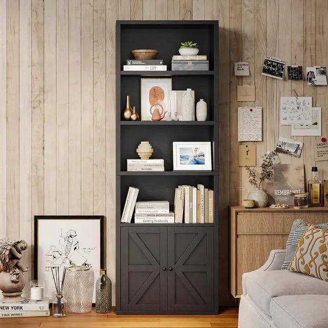 Main image of Bookshelf Bookcase with Doors, 6 Tier 71" Tall Wooden Storage Shelves Organizer, Floor Standing Display Cabinet Shelves, Home Decor Furniture for Home Office, Living Room, Bedroom, Black