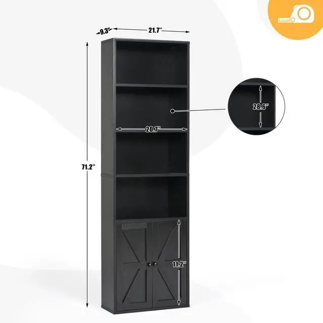 Alt view image 2 of 6 - Bookshelf Bookcase with Doors, 6 Tier 71" Tall Wooden Storage Shelves Organizer, Floor Standing Display Cabinet Shelves, Home Decor Furniture for Home Office, Living Room, Bedroom, Black