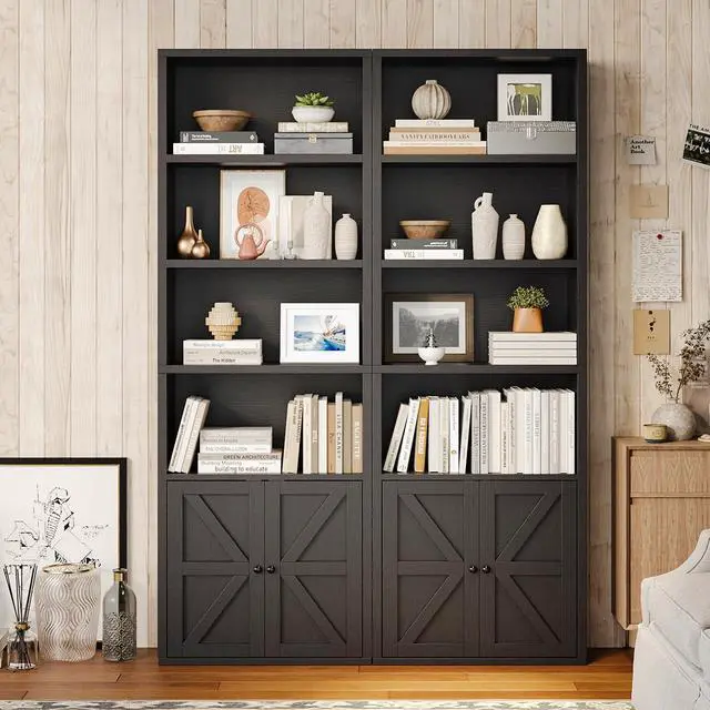 Alt view image 3 of 6 - Bookshelf Bookcase with Doors, 6 Tier 71" Tall Wooden Storage Shelves Organizer, Floor Standing Display Cabinet Shelves, Home Decor Furniture for Home Office, Living Room, Bedroom, Black