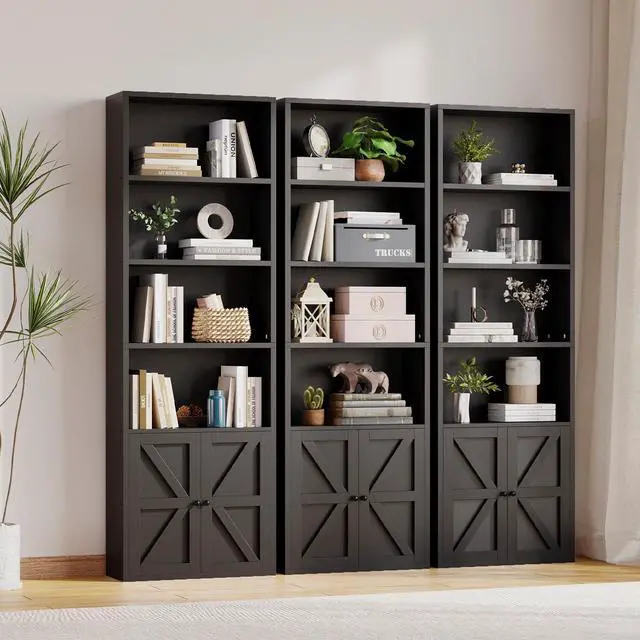 Alt view image 5 of 6 - Bookshelf Bookcase with Doors, 6 Tier 71" Tall Wooden Storage Shelves Organizer, Floor Standing Display Cabinet Shelves, Home Decor Furniture for Home Office, Living Room, Bedroom, Black