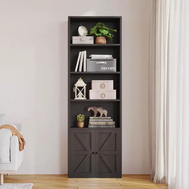 Alt view image 6 of 6 - Bookshelf Bookcase with Doors, 6 Tier 71" Tall Wooden Storage Shelves Organizer, Floor Standing Display Cabinet Shelves, Home Decor Furniture for Home Office, Living Room, Bedroom, Black